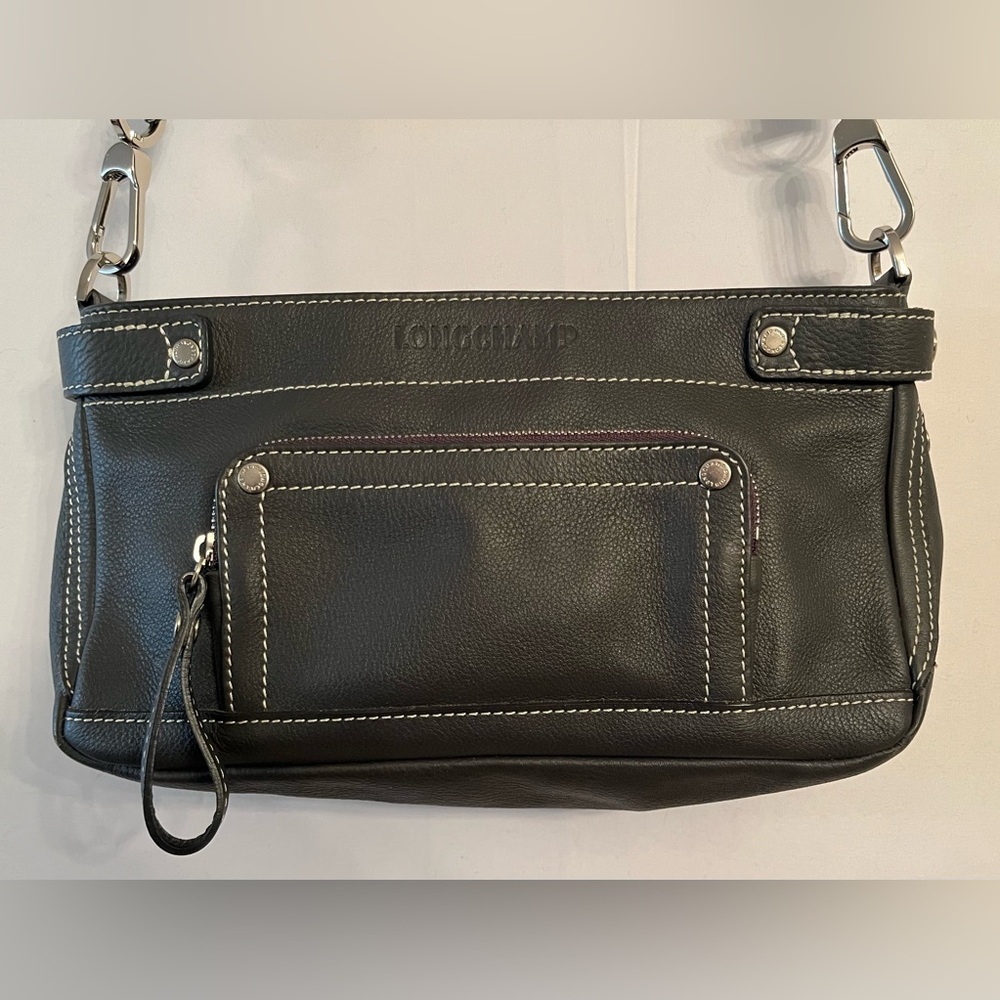 Longchamp Dark Gray Leather Crossbody • Anthracite • Contrast Stitch
